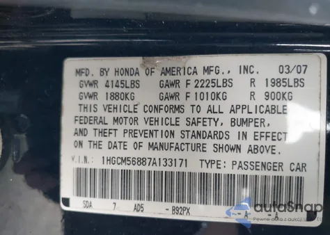 2007 Honda Accord 2.4 Ex из США, поврежденный, VIN 1HGCM56887A133171